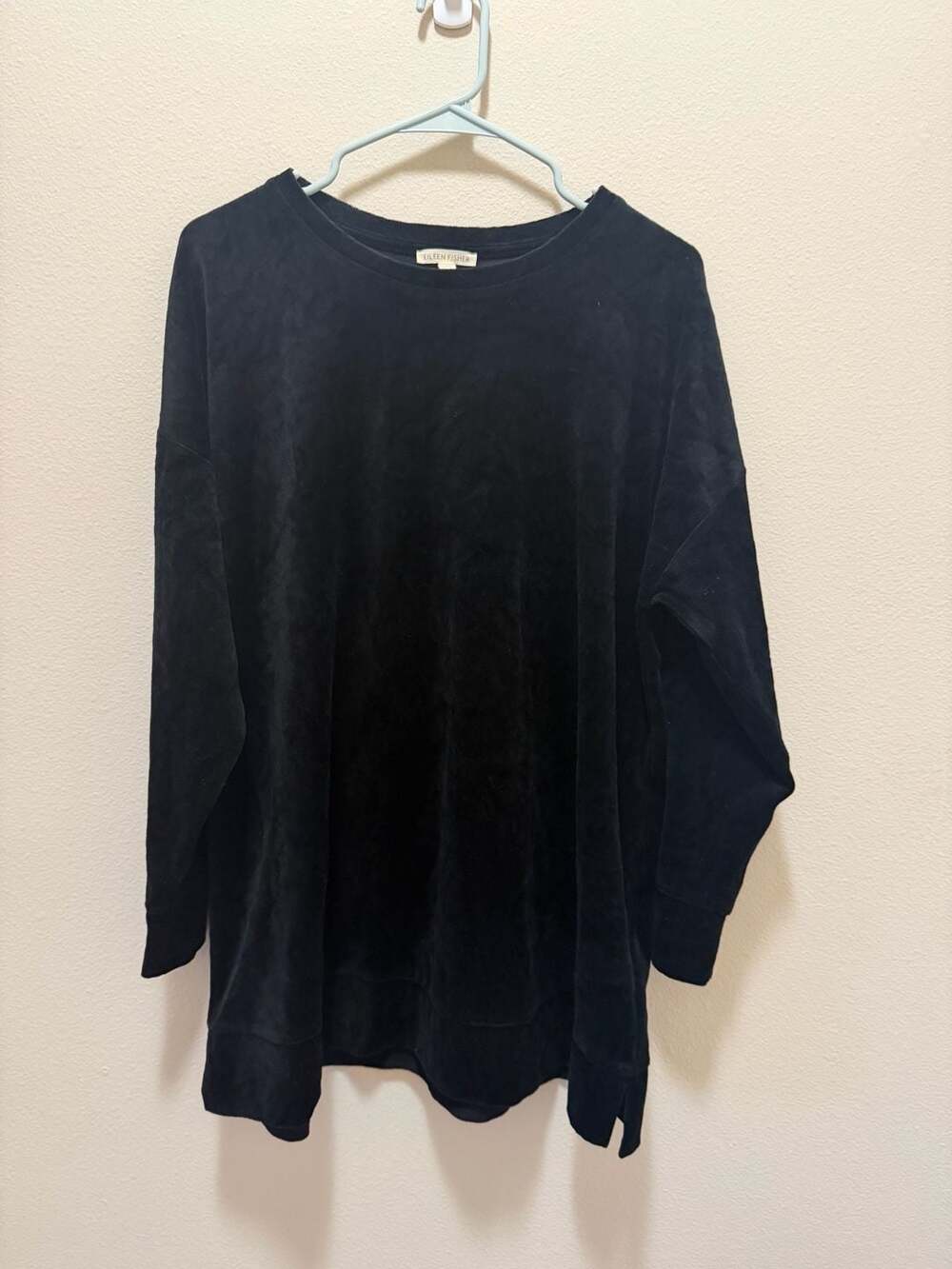 Eileen Fisher Black Velour Crew Neck Long Sleeve Boxy Tunic Top Size Large